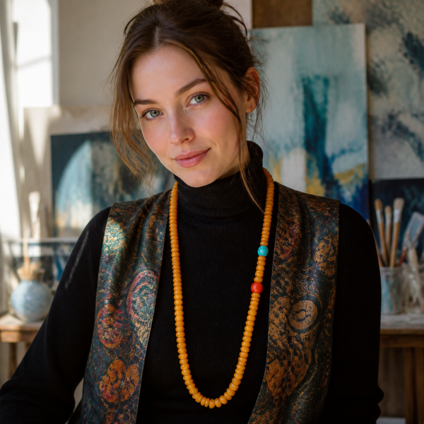 Amber & Blue Long Strand — young Western woman styling view Amber & Blue Long Strand — young Western woman styling view