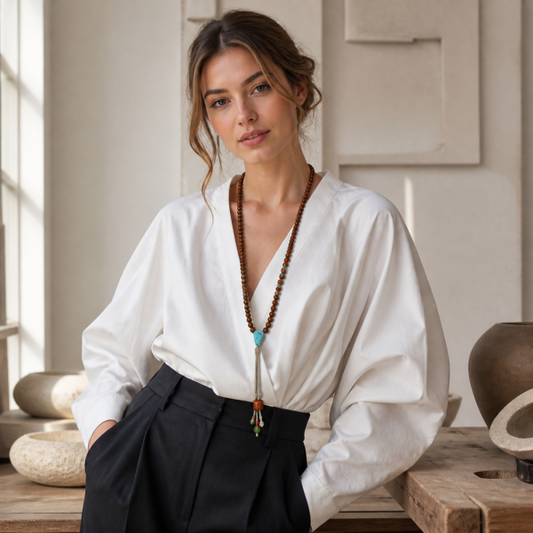 Earthwood Accent Mala — young Western woman styling view