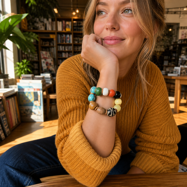 Five Elements Mixed-Bead Bracelet — young Western woman styling view Five Elements Mixed-Bead Bracelet — young Western woman styling view