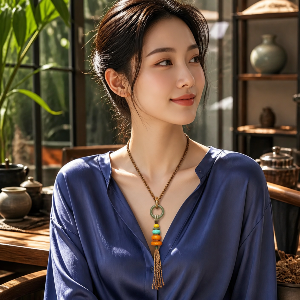 Five-Tone Stacked-Bead Pendant — young East Asian woman styling view Five-Tone Stacked-Bead Pendant — young East Asian woman styling view