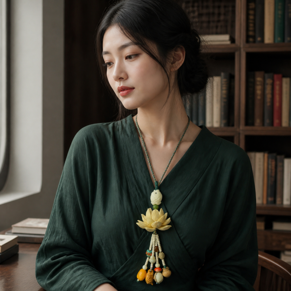 Lotus Grace Necklace — young East Asian woman styling view Lotus Grace Necklace — young East Asian woman styling view