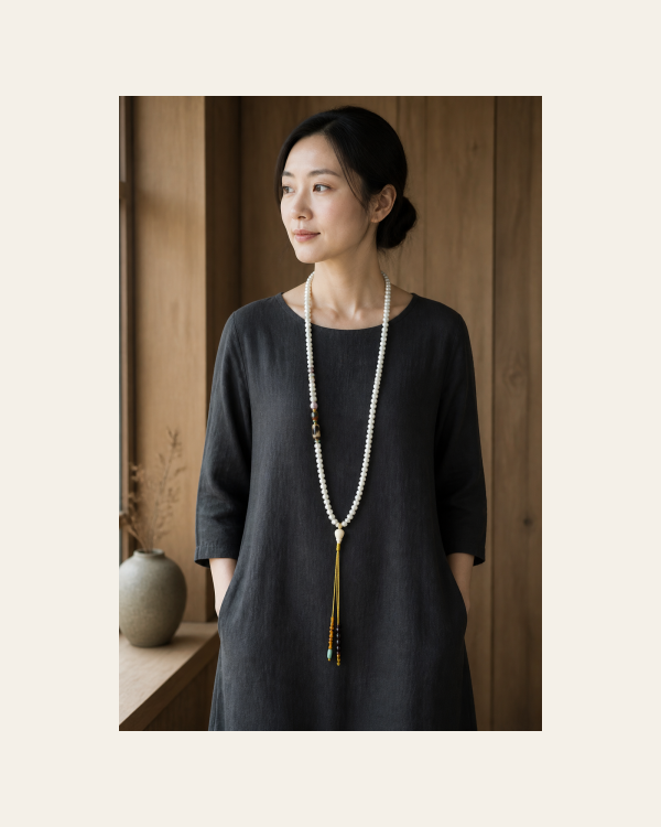 Pearl & Pattern Long Necklace — young East Asian woman styling view Pearl & Pattern Long Necklace — young East Asian woman styling view