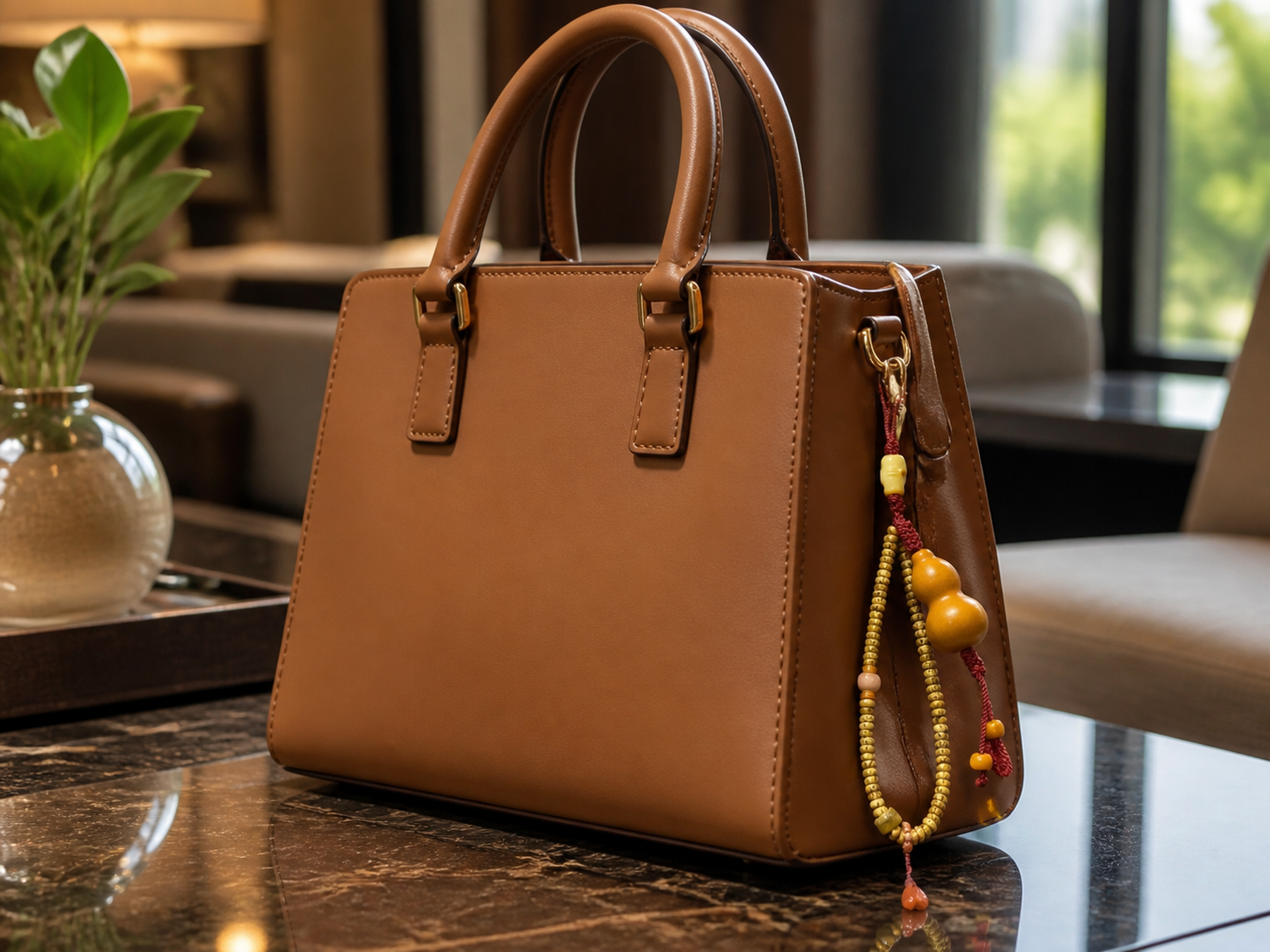 YUXI gourd charm on a leather bag